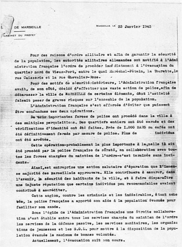 Communiqué de presse, cabinet du préfet, 23 janvier 1943
