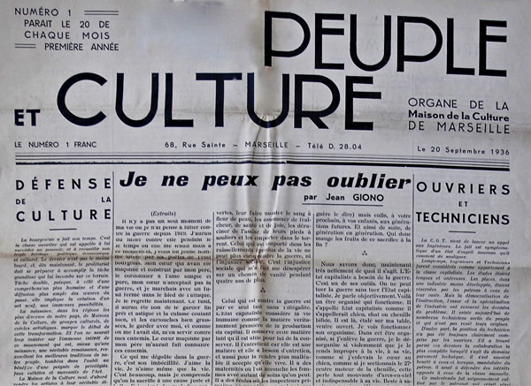 Une de Peuple et culture, n°1, 20 septembre 1936