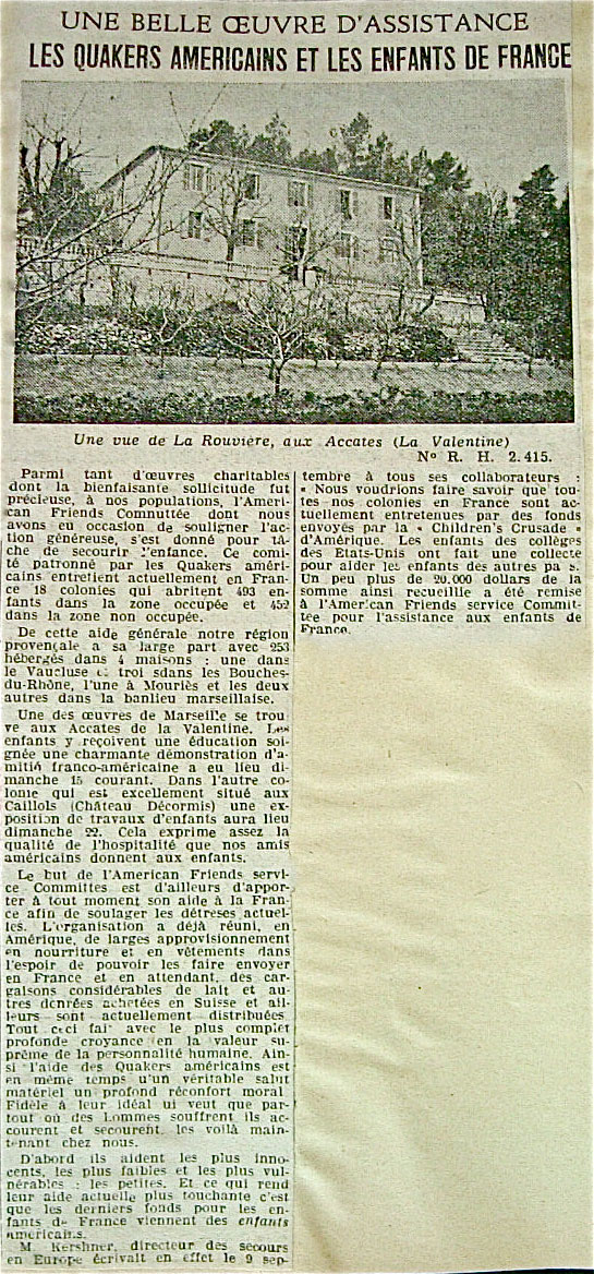 AFSC, article sur les Quakers , Marseille-Matin, 17 septembre 1940